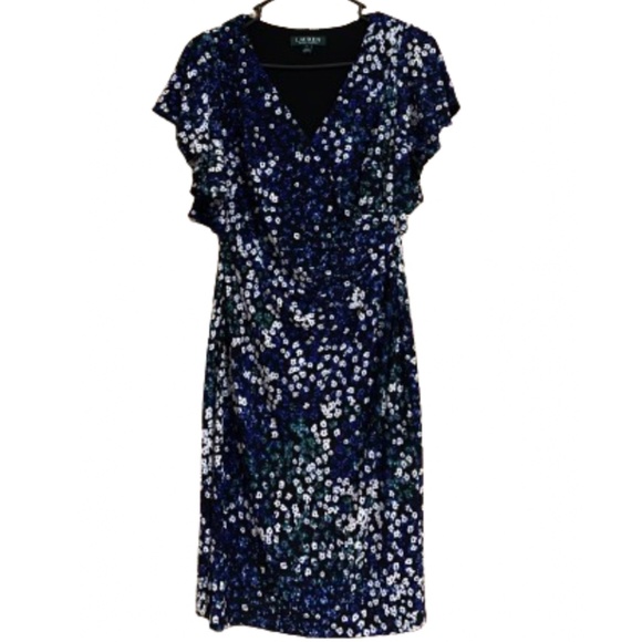 Lauren Ralph Lauren Dresses & Skirts - LAUREN Ralph Lauren BLACK MULTI FLORAL FAUX WRAP DRESS w/ FLUTTER SLEEVES Sz-2